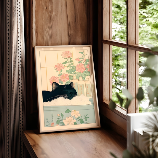 Black Cat Japanese Bathroom Minimalist Wall Art(Original Artwork)