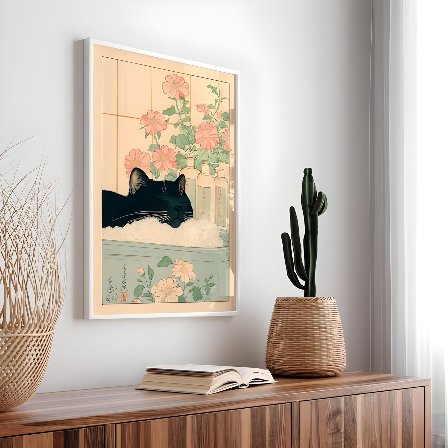 Black Cat Japanese Bathroom Minimalist Wall Art(Original Artwork)