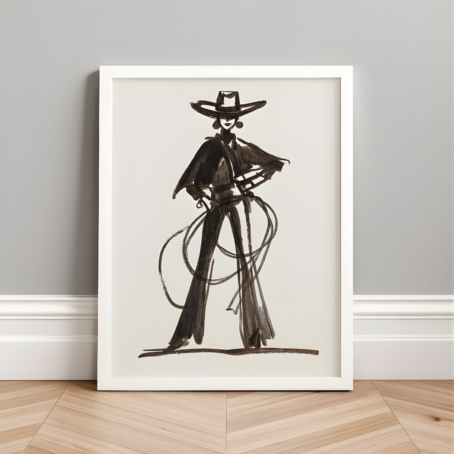 Modern Cowgirl Sketch Brown Ink Western Art(Original Artwork)