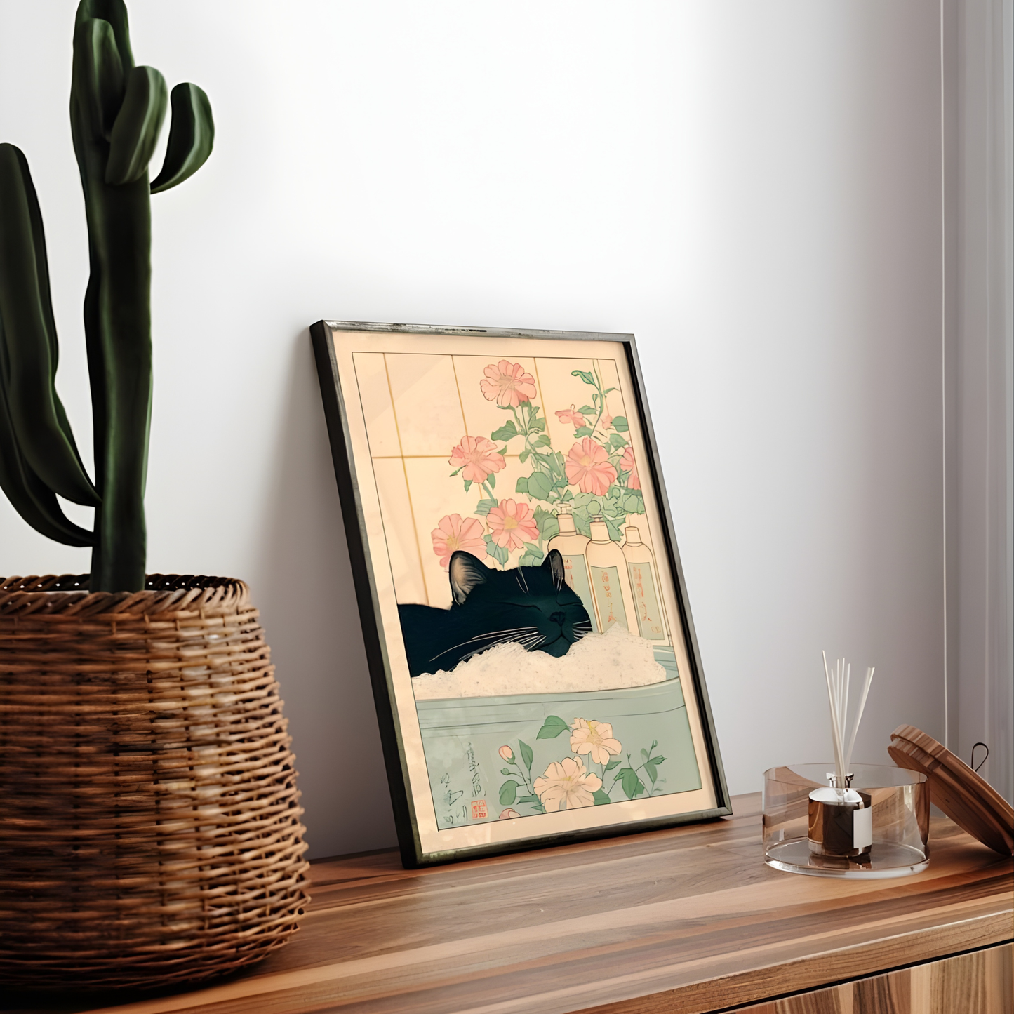 Black Cat Japanese Bathroom Minimalist Wall Art(Original Artwork)