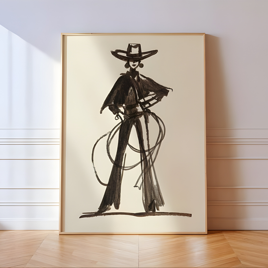 Modern Cowgirl Sketch Brown Ink Western Art(Original Artwork)