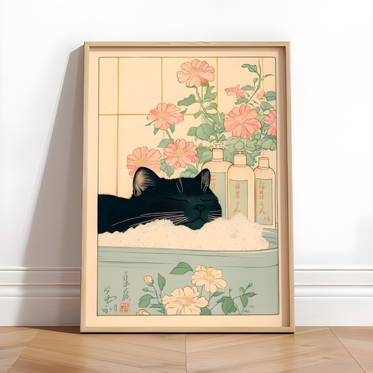 Black Cat Japanese Bathroom Minimalist Wall Art(Original Artwork)